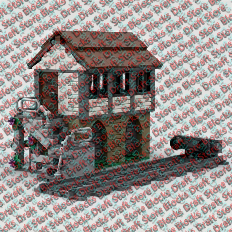 City Street View Model MOC Building Bricks Railroad Crossing Hut Modular Technology Gifts Holiday Assemble Toys Display QWERT