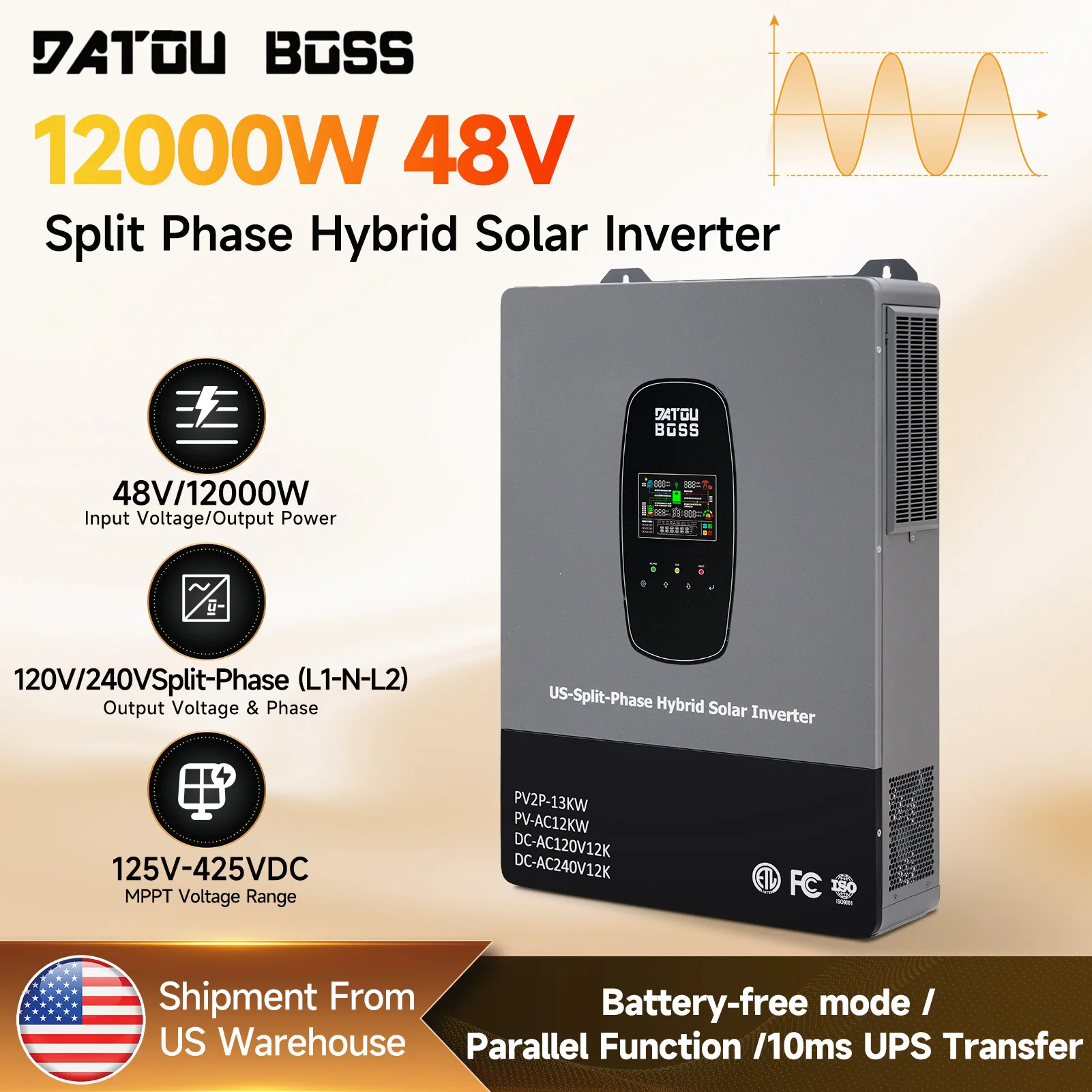 DATOUBOSS 12KW 240V Solar Inverter (Phase-Separated UPS), with Off-Grid Mode, Designed Specifically for the U.S. Market