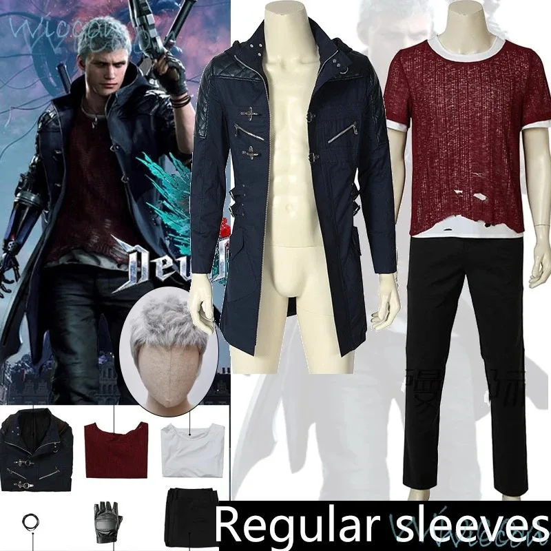 Juego Nero Cosplay Devil May Cry 5 Cos disfraz blanco gris peluca traje Comic-Con uniforme traje de fiesta de Halloween para hombres abrigo guantes;