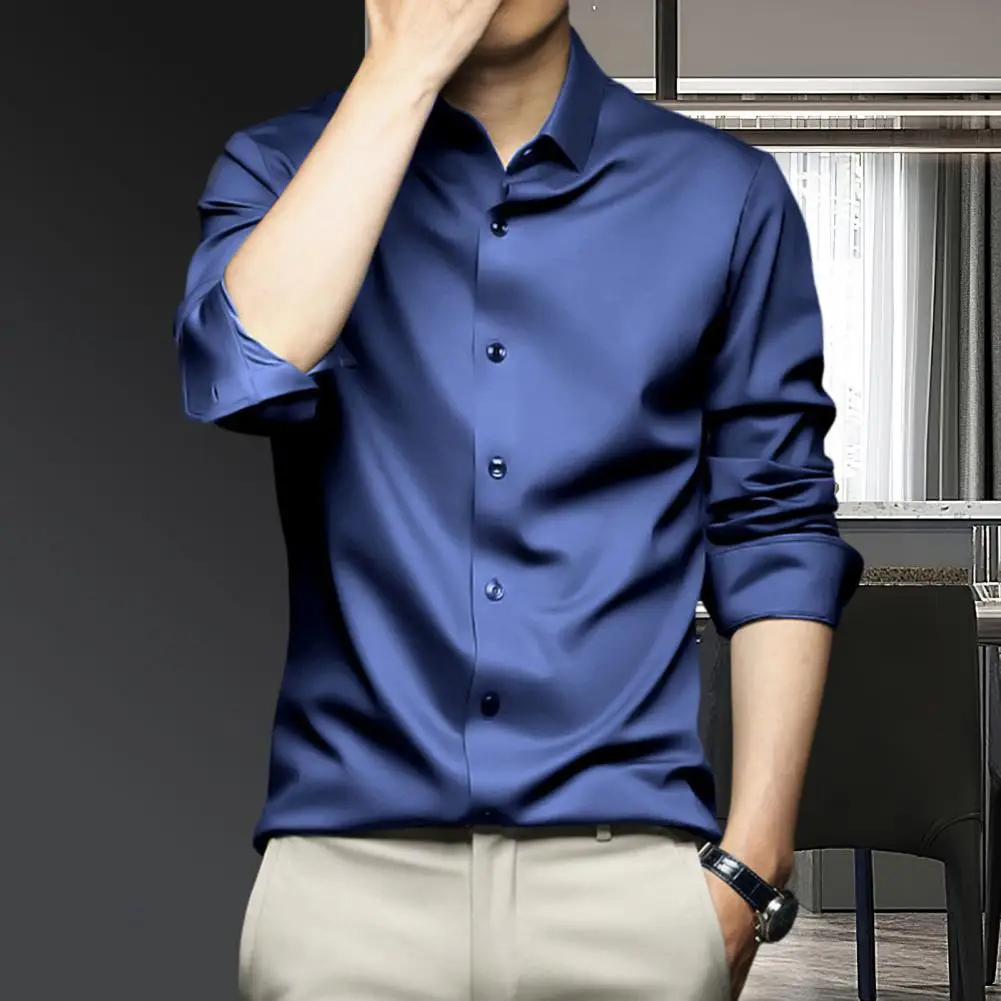 

Men Formal Shirt Men Siky Shirt Elegant Men's Formal Business Shirt with Turn-down Collar Silky Fabric Classic Solid for Fall