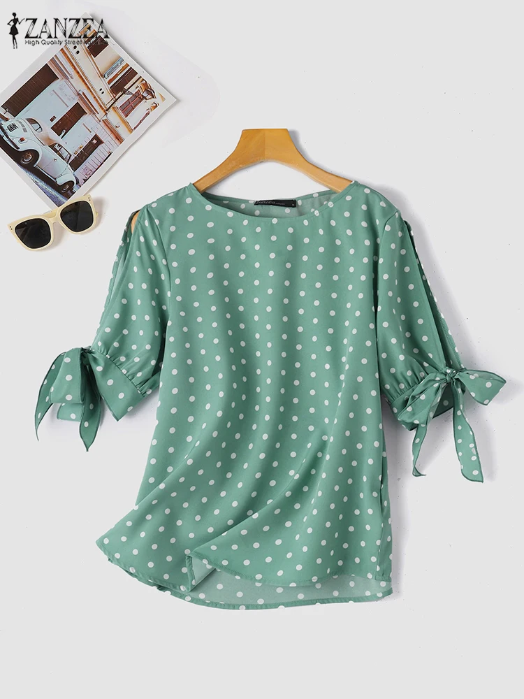

2025 Summer Polka Dot Print Women Blouse ZANZEA Fashion Lace Up Holiday Shirt Elegant Half Sleeve O Neck Work Blusas Mujer Femme