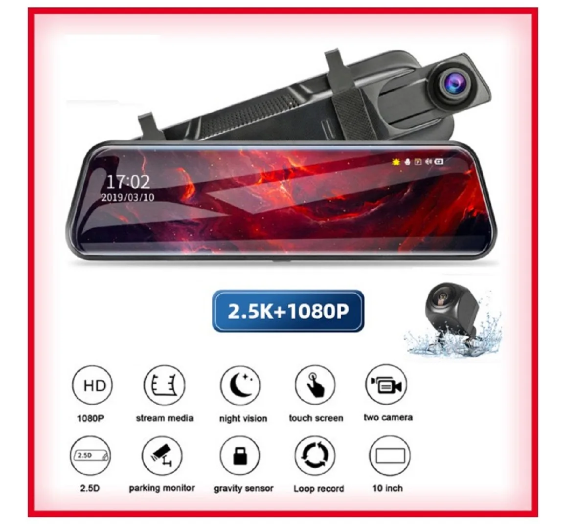 Car DVR Mirror 10 Inch IPS 2.5D Touch Screen Stream RearView Dash Cam Mirror Dual Car Camera Dashcam Drive Recorder FHD1080P