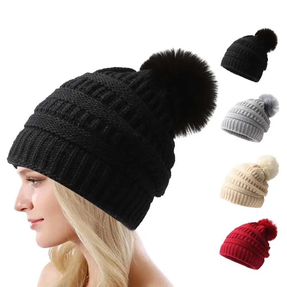 Winter Hat Plush Ball Decor Thickened Knitted Solid Color Soft Warm Windproof Elastic Anti-slip No Brim Dome Outdoor Cap Beanie