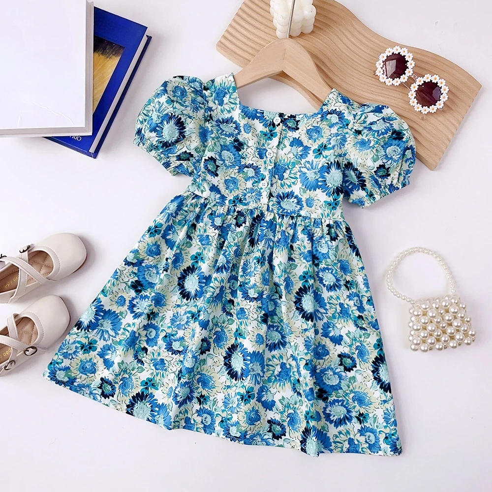 New Summer Girls Clothing for 2-6 Age Korean Version Summer Square Collar Bubble Sleeves Floral Fashion Countryside Style Dress