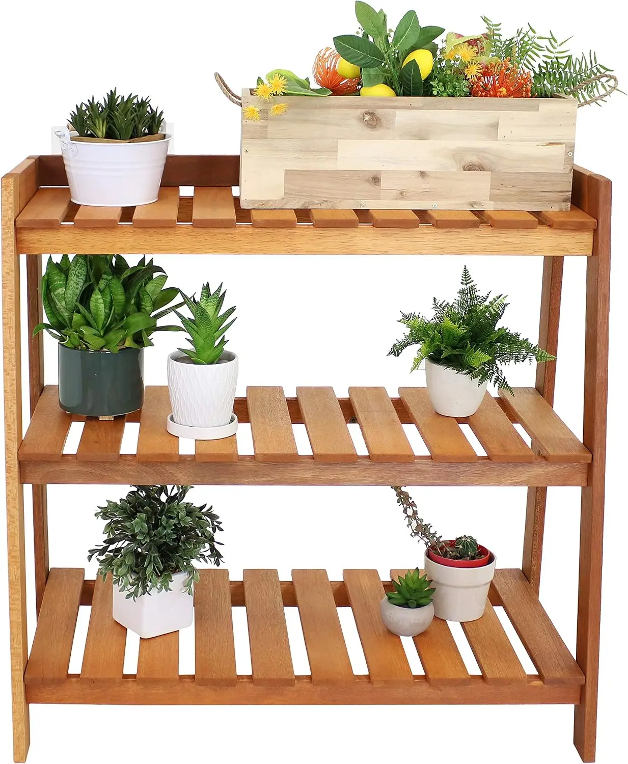 Three Tier Outdoor Wooden Flower Stand, Weather Resistant Meranti Wood Plant Display Shelf, Vertical Multi Layer Garden Storage Organizer Rack For Patio Backyard Balcony Sunroom, Natural Brown