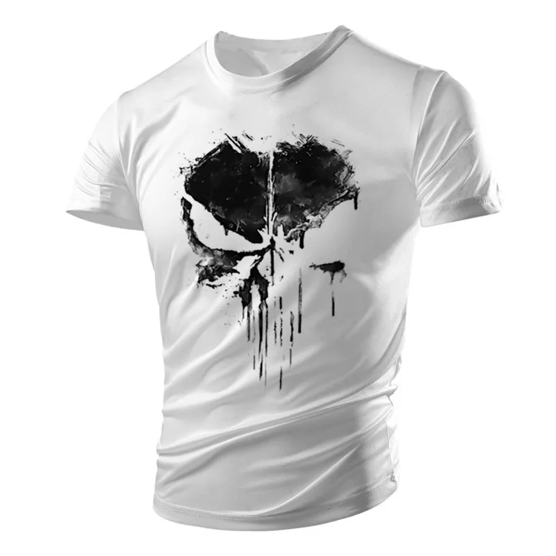 New Handsome Skull Pattern Muscular Men T-shirt Sports Tough Guy Style Summer Outdoor Light Breathable Comfortable Elastic