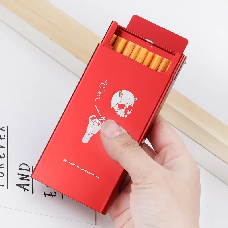 

Slim Lady's Cigarette Box Case For Women Creative Designs Skull Smoking Quotes Aluminum Alloy Metal Red Black Slide Personality