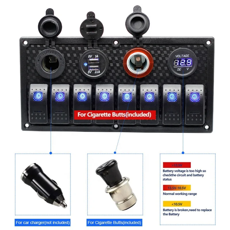 12V Waterproof LED Light Push Button Toggle 8 Gang Electrical Switch Panel for Car Boat Plastic Marine Rocker Cigarette Lighter