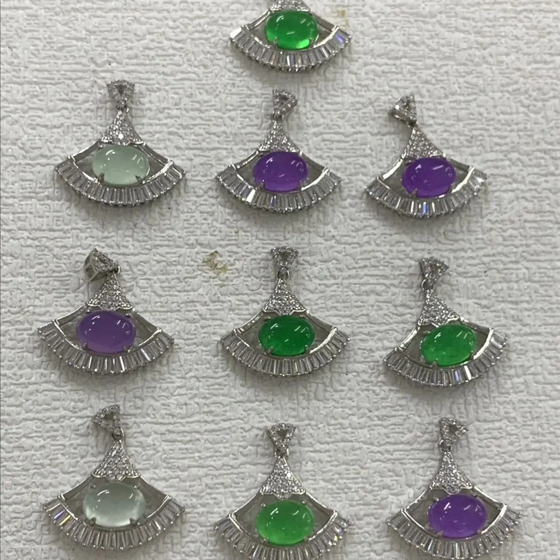 1pcs/lot S925 silver inlaid natural jade pendant Greenish-purple-cyan sector Melee diamonds Exquisite workmanship Gifts women