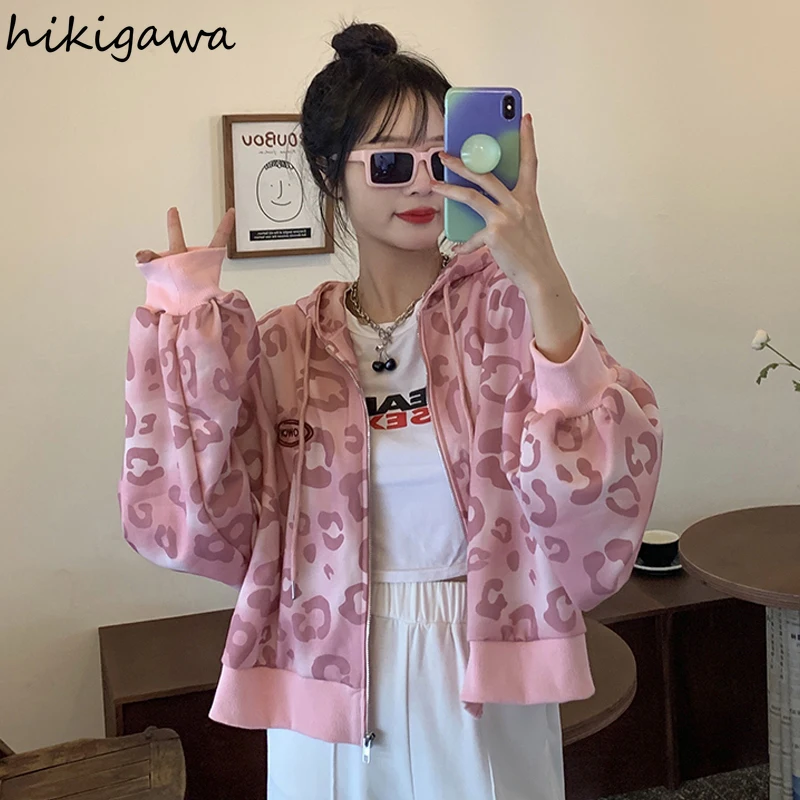 Hikigawa Sweet Pink Leopard Print Hoodies Women 2023 Ropa De Mujer Fashion Zip-up Coat Loose Casual Short Sweatshirts Tops Femme