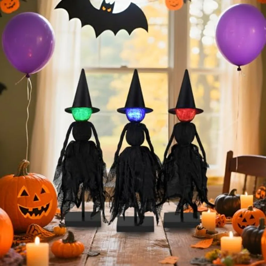 Halloween Decorations Indoor Set of 3 Lighted Primitive Witch with Hat Spooky Black Witches Figurines LED Lights Standing Table