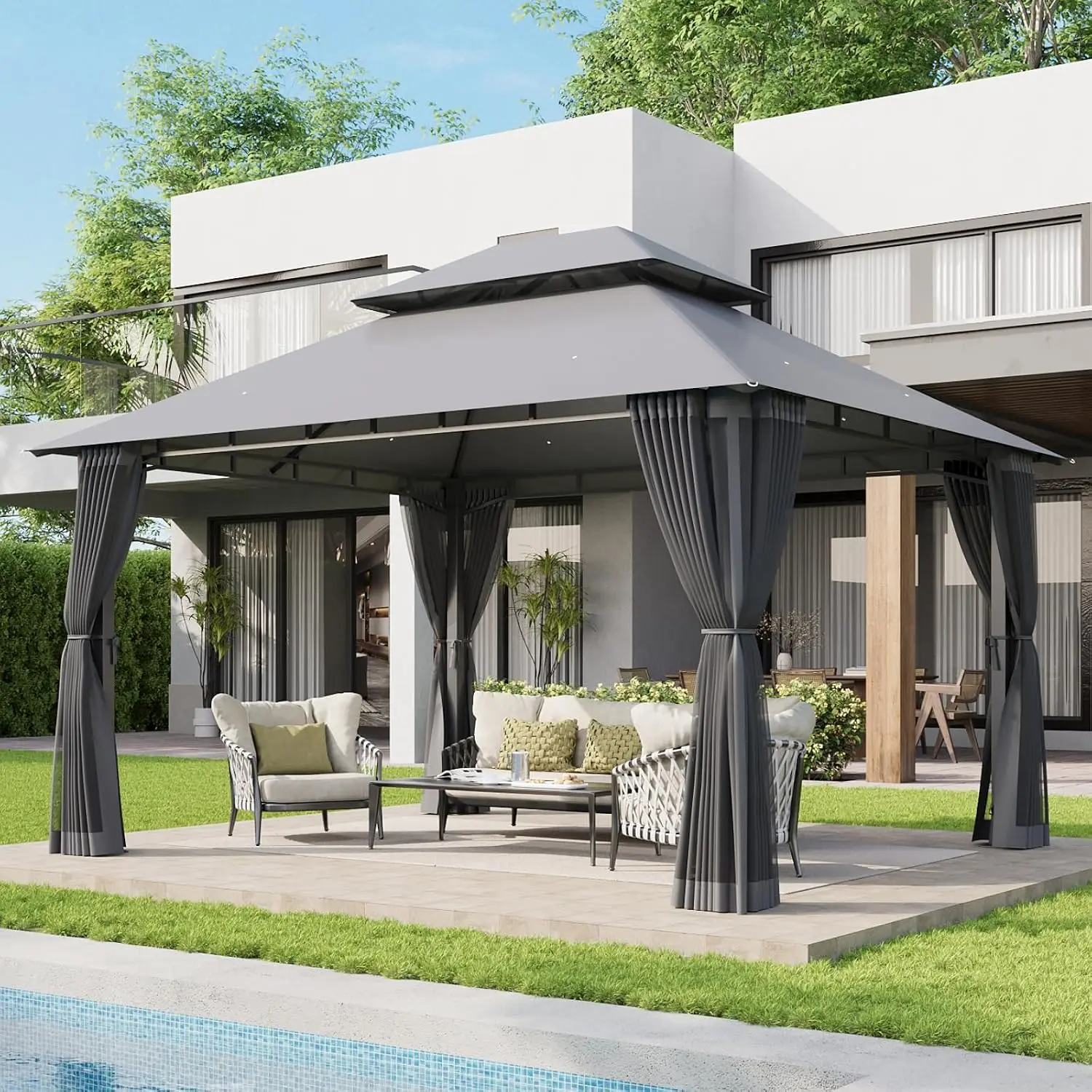 12x10 Outdoor Gazebo with Mosquito Netting & Double Roof Metal Frame Party Tent Canopy with Customized