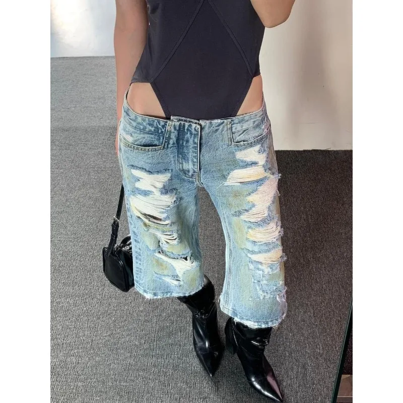 

American Casual Fashion Street Knee-lengt Jeans Women's Summer Ripped Denim Shorts Zipper Pocket Blue Hole Straight shorts