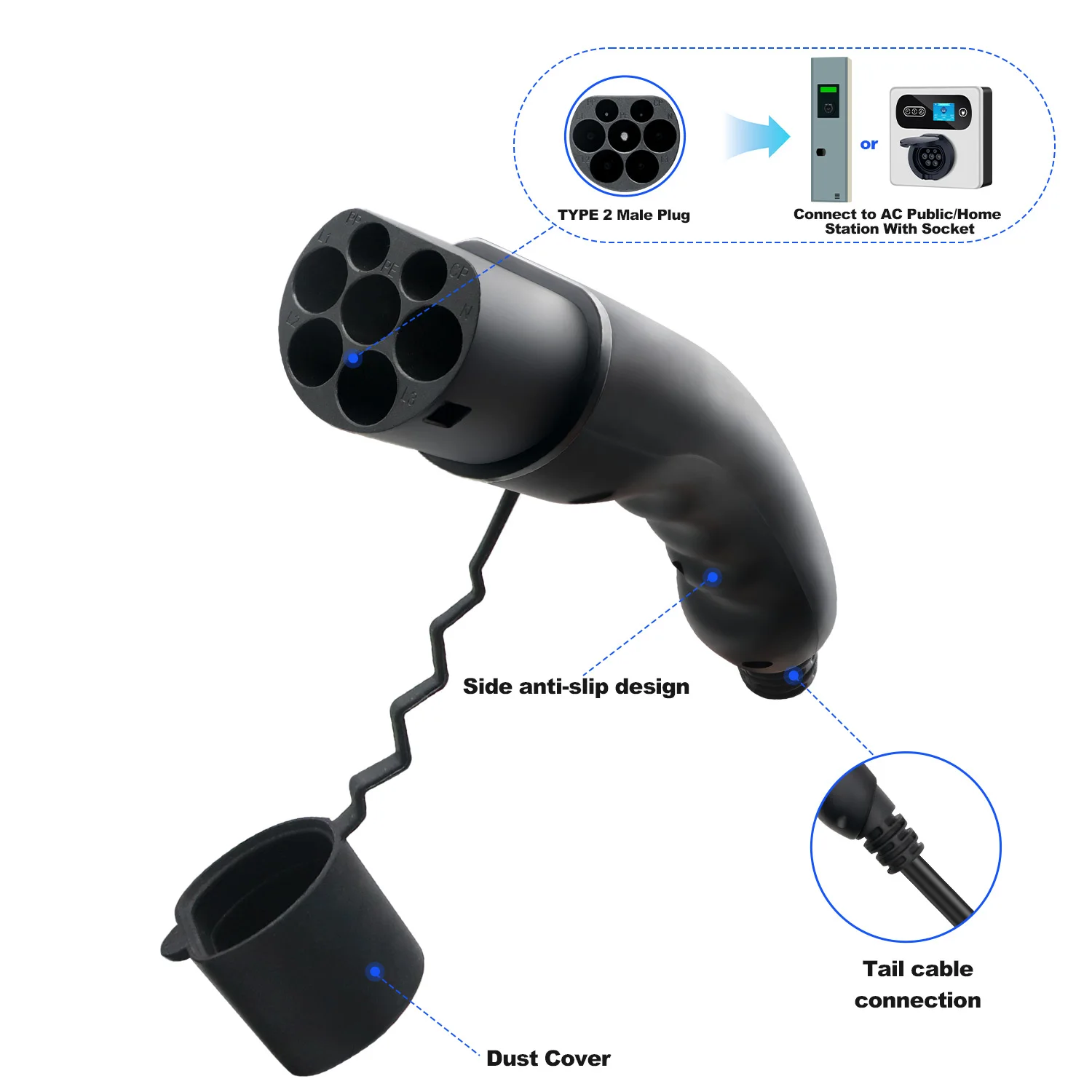 Kolanky نوع 2 ذكر EV التوصيل 1P/3 المرحلة شحن بندقية رئيس 16A/32A IEC 62196-2 EV موصل شاحن الاتصال بمحطة شحن EV