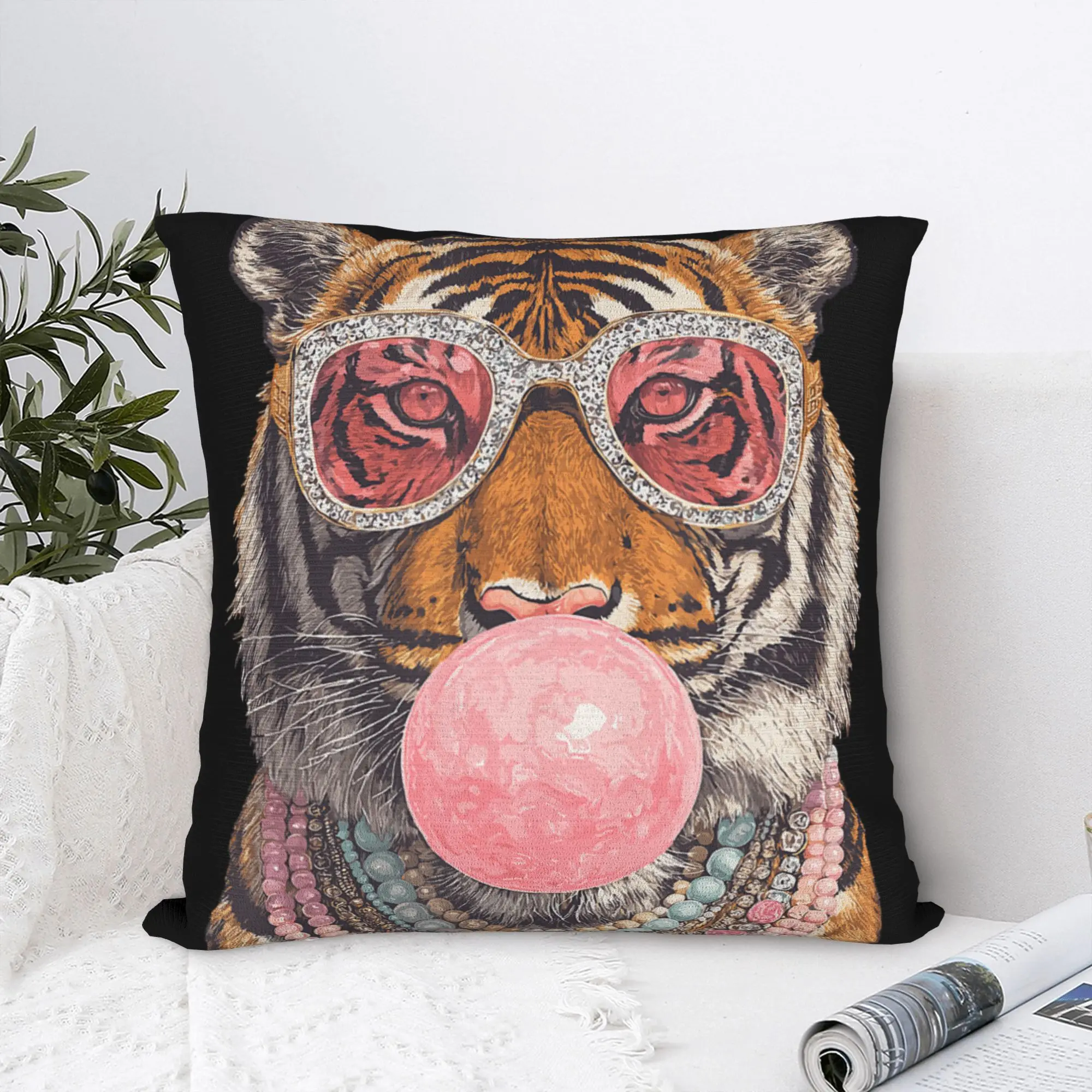 Pillow Case Glam Tiger with Sunglasses Boujee Animal Bubblegum Graphic Comfy  Pillow Cover For Sofa Bedroom Trendy Pillowcases