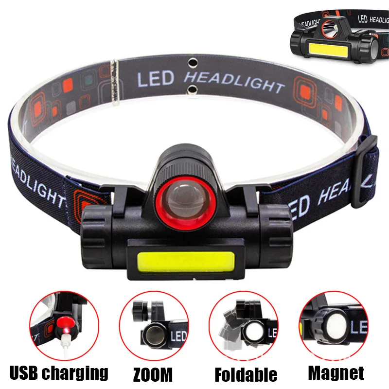 Q5+COB Mini Led Zoomble Headlamp Usb Rechargeable Portable Headlight 18650 Built-in Battery Outdoor Fishing Camping Head Lantern