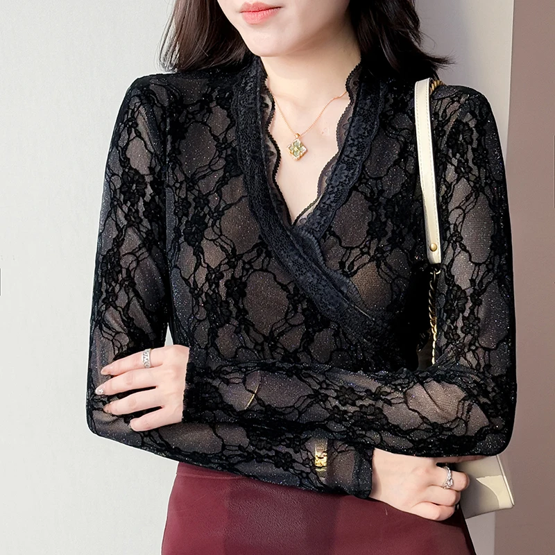 MadBlack-Women European Flocking T-Shirt, Sexy V Neck Lace, Korean Long Sleeve Slim S-3XL Knit Tee, 2026 Autumn New T69809CC