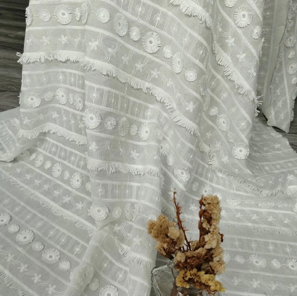 

Latest all-cotton 3D floral tassel lace embroidered fabric for clothing, tablecloths, curtains, designer sewing fabric by meter