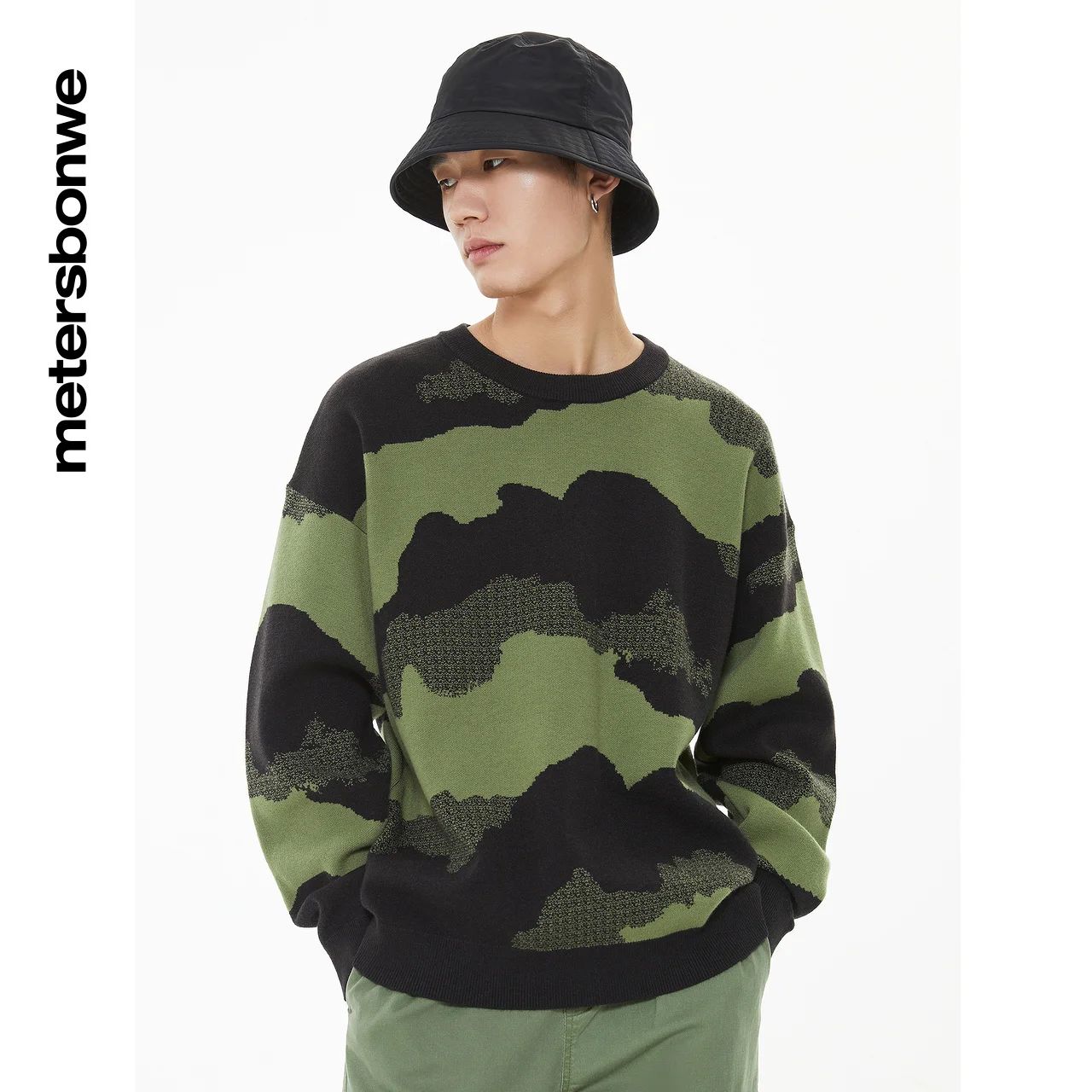 Metersbonwe-Men's Camouflage Jacquard Sweater, Round Collar Warm Pullover, Long Sleeves Loose Sweater, Spring and Autumn