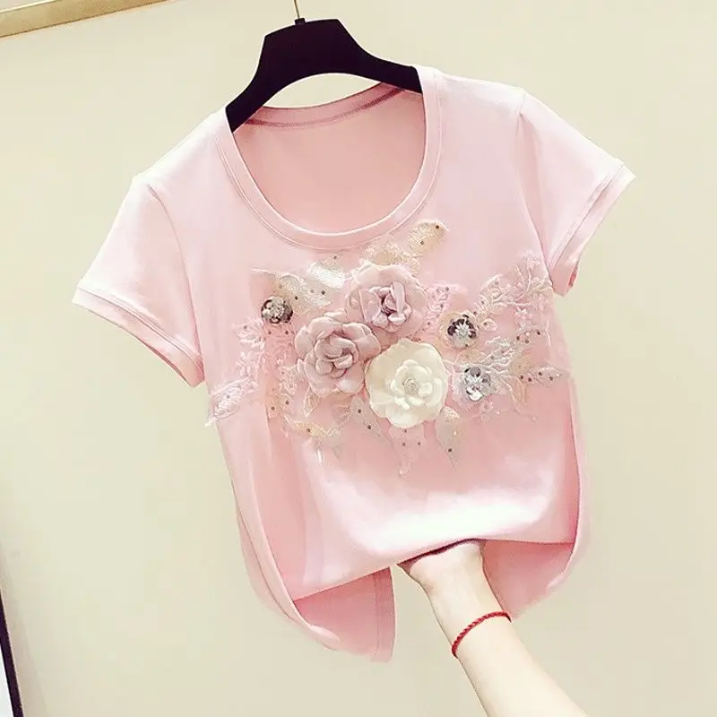 2024 New Summer Women Flower T shirts Puff Sleeve Loose Tee Tops