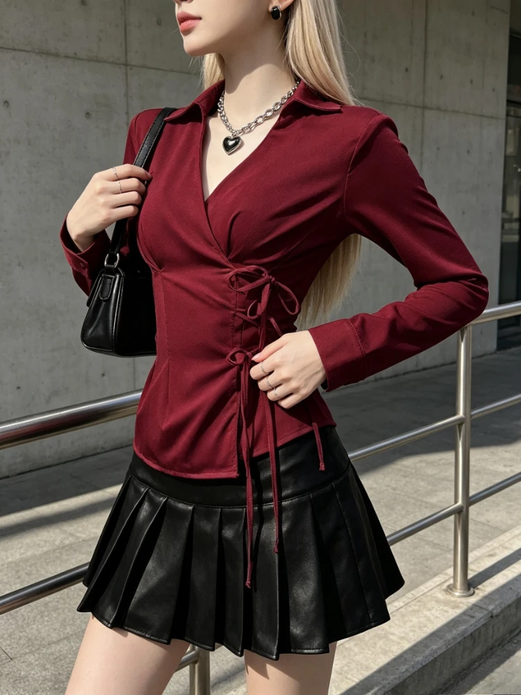 Autumn Fashion Casual Solid Color Street Style Women's Shirt Versatile Temperament Lace‑up Waist Design Y2K Daily Basic Tops
