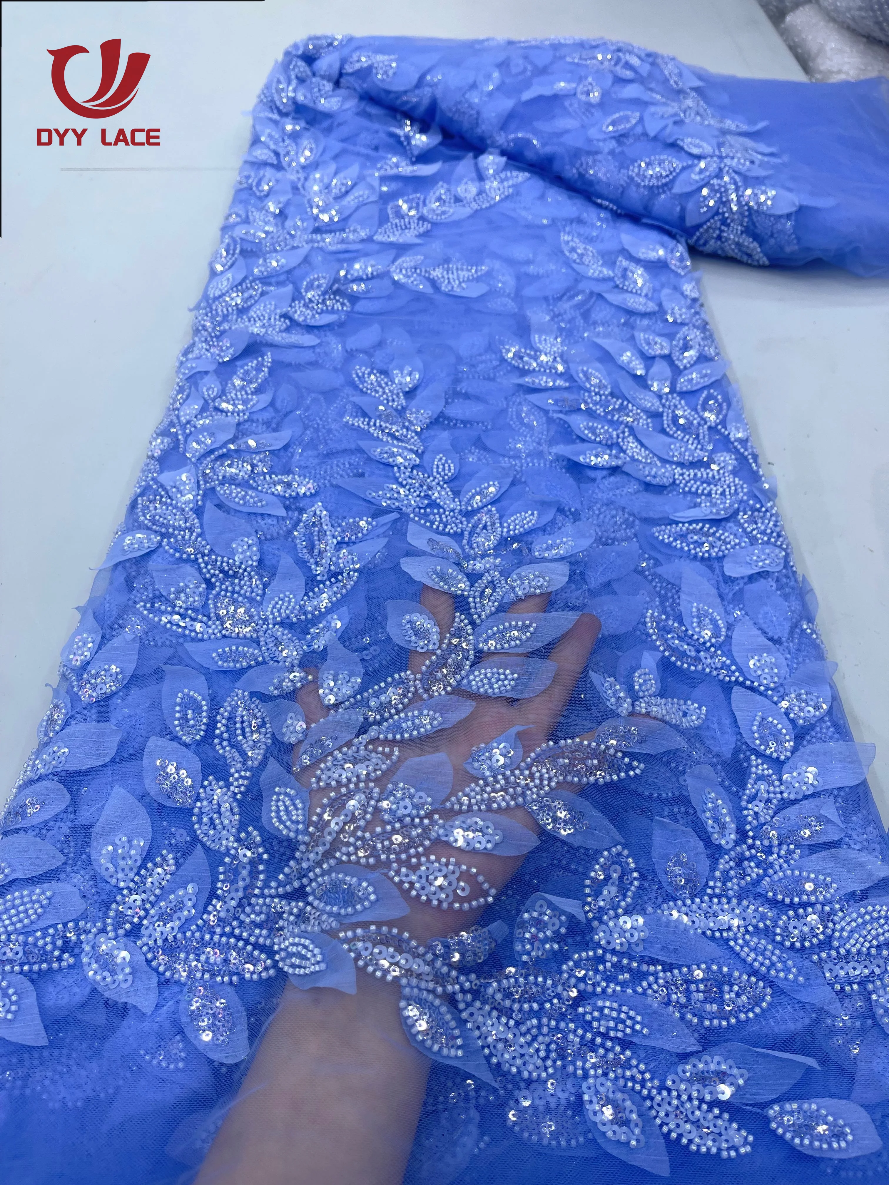 2024 High Quality  African Nigerian 3D Applique Lace With Pearl Fabric Wedding Groom Embroidery French Lace Fabrics 5 Yards