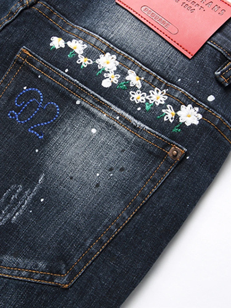 

Faionable Slim Fit Men's Jeans with Embroidered Patch And Hole Design Elastic Straight Leg Long Pants Cotton Stretch Denim