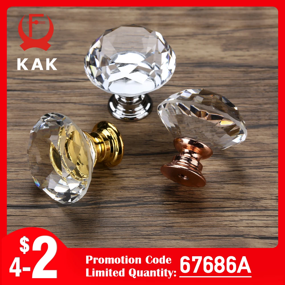 KAK 20-40mm Diamond Shape Design Crystal Glass Knobs Cupboard Drawer Pull Kitchen Cabinet Door Wardrobe Handles Hardware