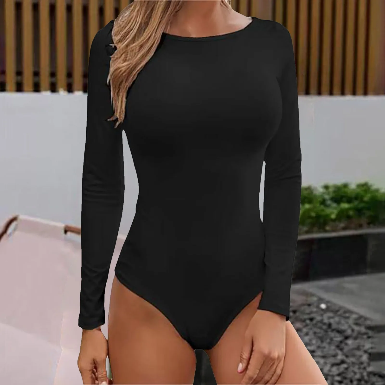 Solid Women Long Sleeve Tight Bodysuit Round Neck Slim Fit Female Jumpsuits 2024 New Fashion T-Shirt Tops For Spring & Summer