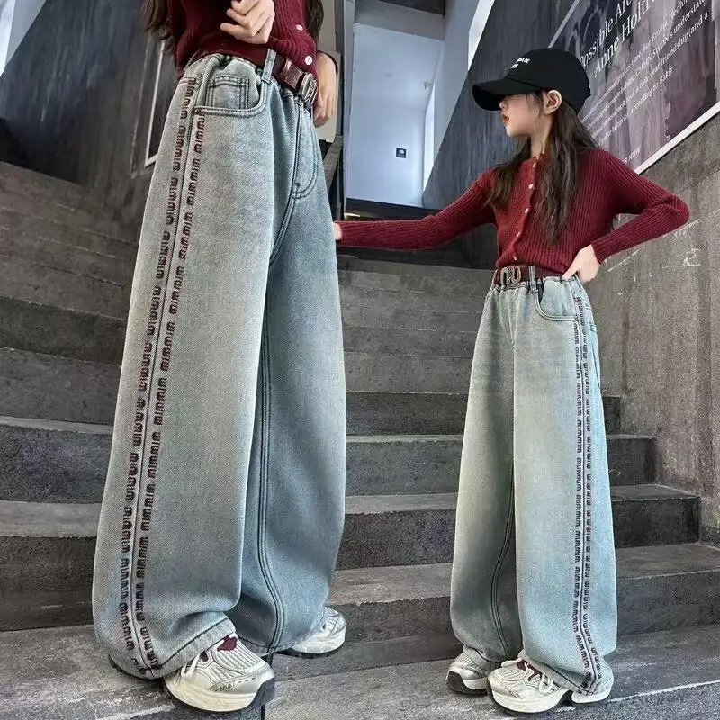 

Популярные кавайные модные прямые брюки для девочек, джинсы, студенческие весенне-осенние повседневные широкие брюки с героями мультфильмов, детская одежда, новинка