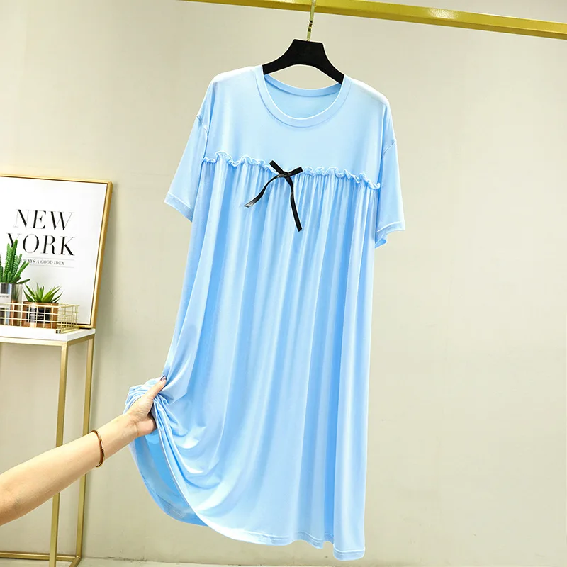 Modal Nightgown Summer Thin Nightdress Short Sleeve Sleepwear Bowknot Round Collar Nightwear Comfortable Women's Home Clothes