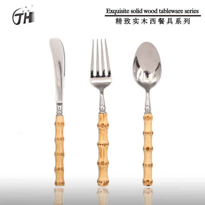 

GH Retro Bamboo Handle Mirror Surface 304 Stainless Steel Commercial Main Dinner Knife, Fork Spoon 4 Piece Set Two Piece Western