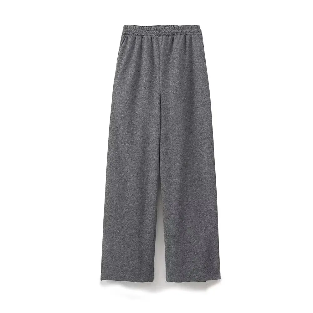 Tangada 2024 Summer Women Gray 85% Cotton Wide Leg Pants Trousers Strethy Waist Long Pants 6H0214