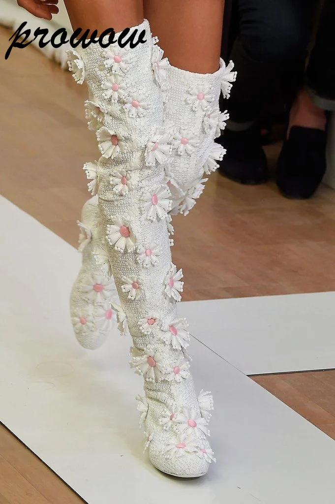 

Prowow/Новые белые сапоги выше колена с цветочным принтом, ботинки на плоской подошве, осенне-зимняя обувь, женская обувь Zapatos Mujer