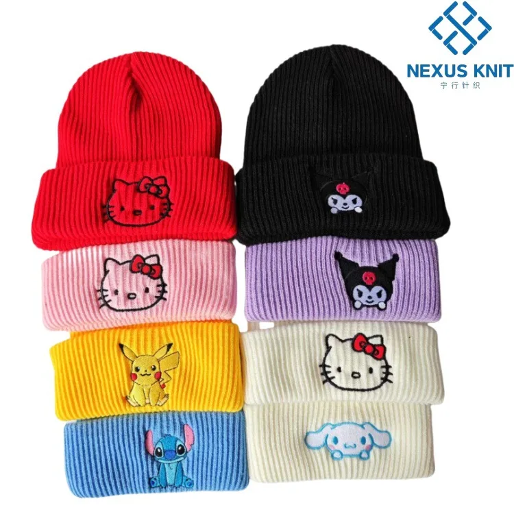 Gorro de punto bordado bonito de HelloKitty de Disney, gorro de lana de gato de Europa y dibujos animados, gorro cálido con capucha para pareja