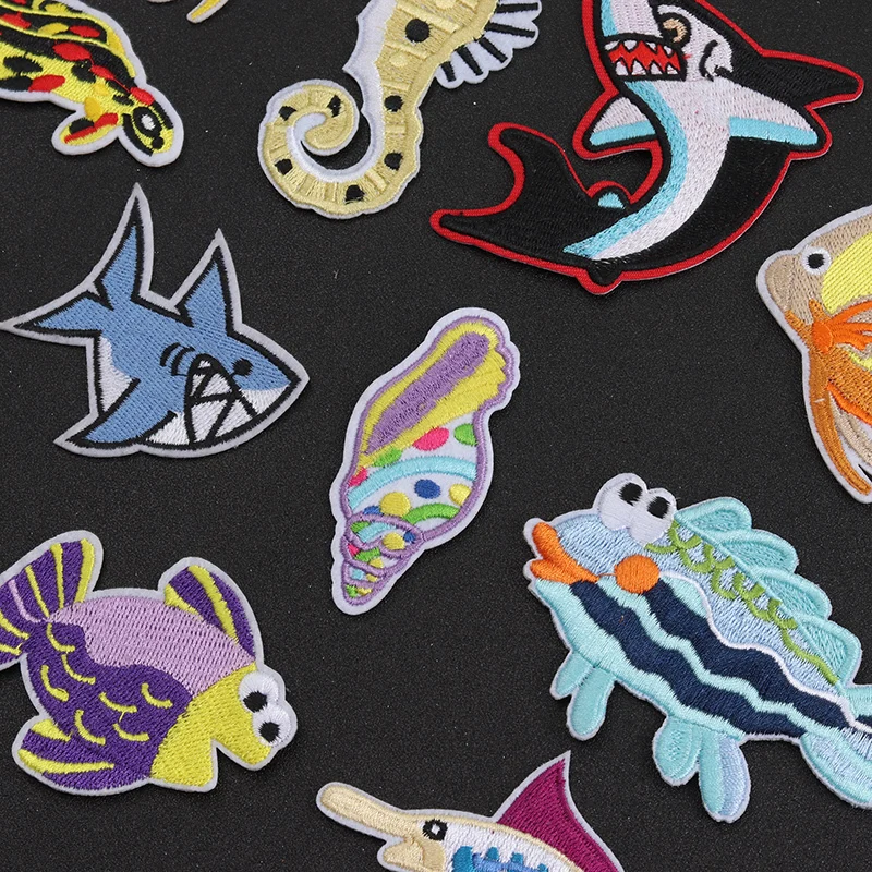 DIY Cartoon Badges for Clothes Embroidery Shark Turtles Crabs, Sea Fish, Applique Ironing, Clothing, Sewing Supplies, Decorative