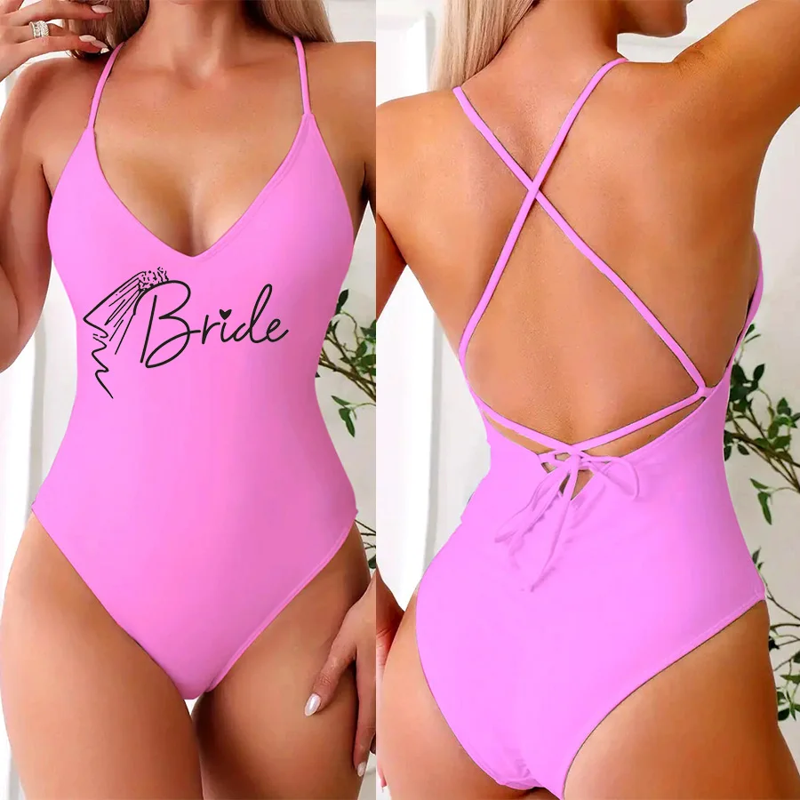 Veil Padded One Piece Swimsuit BRIDE SQUAD Letter Print Swimwear Women Bikini Bathing Suit Summer Bodysuit Backless monokini