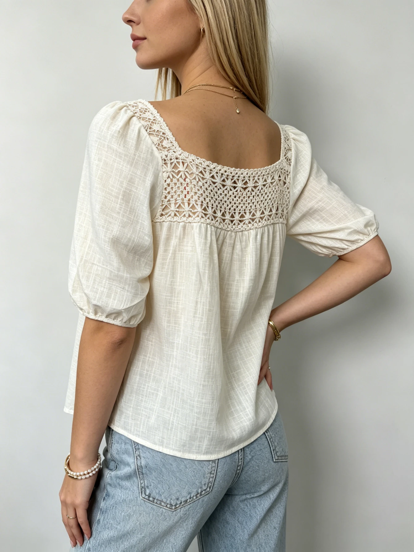 New Summer French Chic Fashion Solid Women's Tops Cream Apricot Sweet Square Neck Blouse Loose Fit Babydoll Top view 5