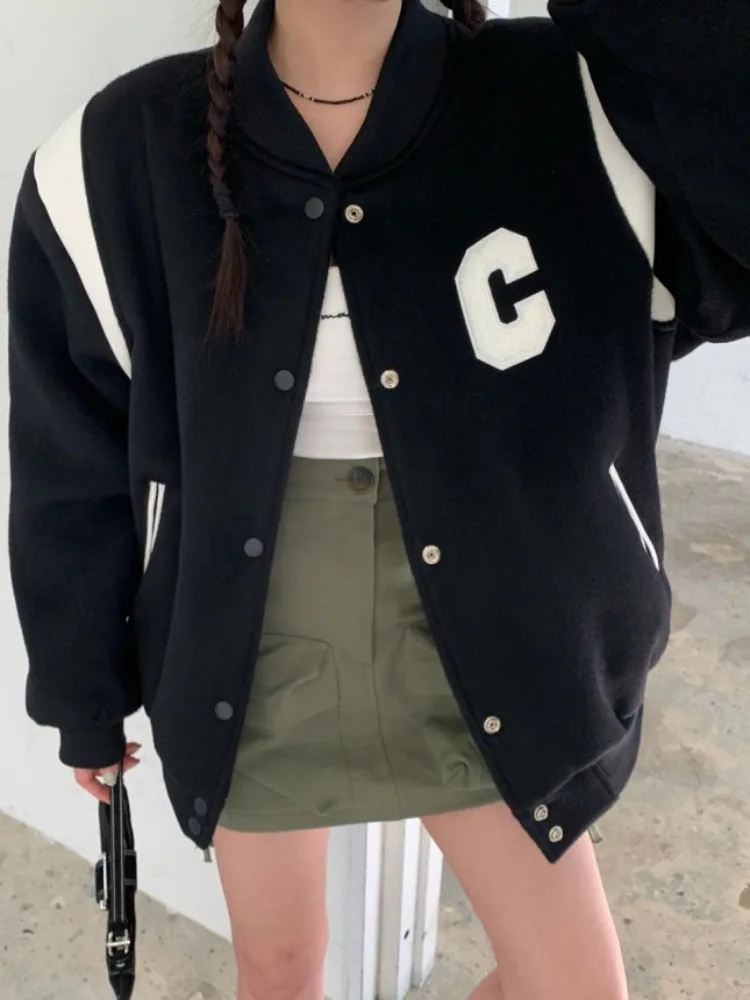Korean Style Versatile Long Sleeve Woolen Baseball Jacket Women's Fashion Outerwear Suitable for All Seasons Casual Streetwear