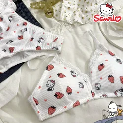 Sanrio-Conjunto de ropa interior de Hello Kitty para mujer, sujetador Sexy, bragas de cintura baja, ropa interior para adolescentes, Kawaii, lindo, sin costuras