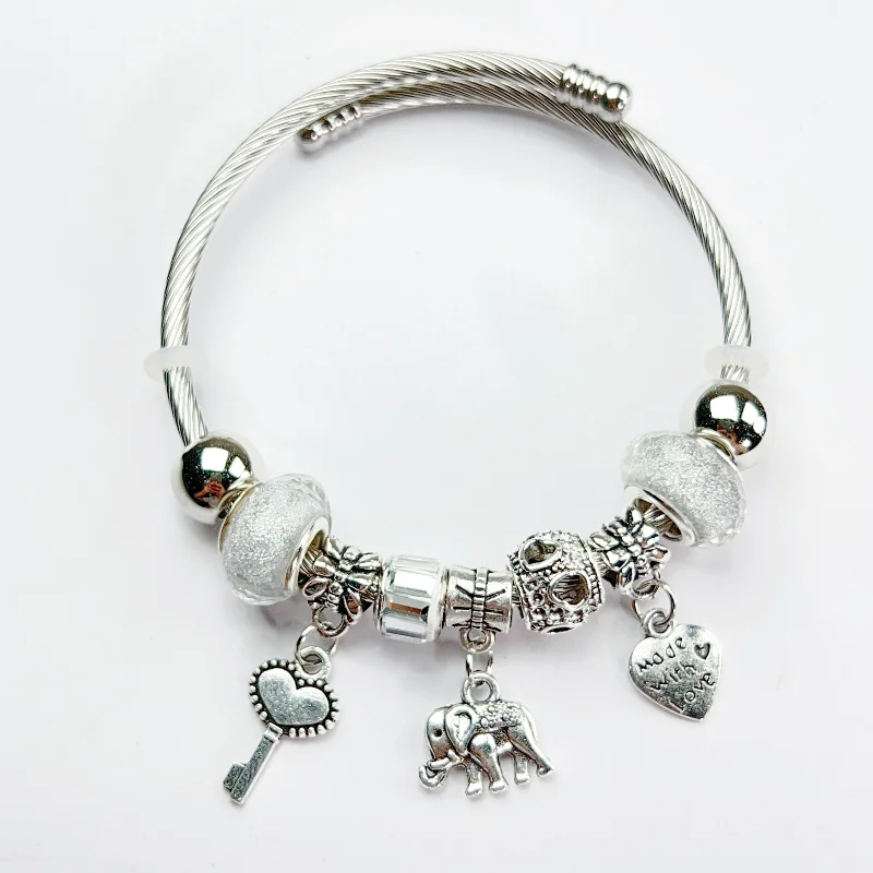 Adjustable Silver Color Alloy Elephant Heart Pendant Artificial Zircon Bangle Round Bead Bracelet Cuff for Women Elegant Wedding