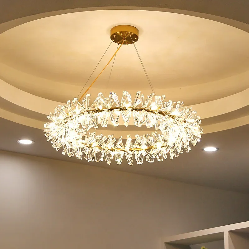 Crystal LED Hanging Pendant Lamp Gold Round Chandelier Lamp Adjustable Cables Luminaire Suspension for Dining Room Bedroom Decor