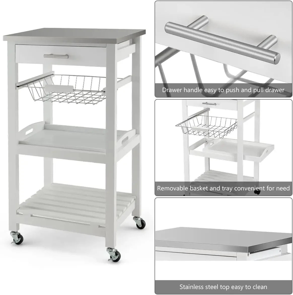 Carro de isla de cocina, carrito de cocina rodante con mesa de acero inoxidable, carrito de almacenamiento de utilidad, carrito de servicio para restaurante y Hotel con ingenio