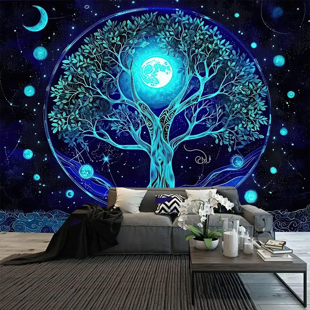 Blue Moon Tree of Life Tapestry – UV Reactive Galaxy Space Landscape Wall Art for Bedroom, Living Room or Dorm