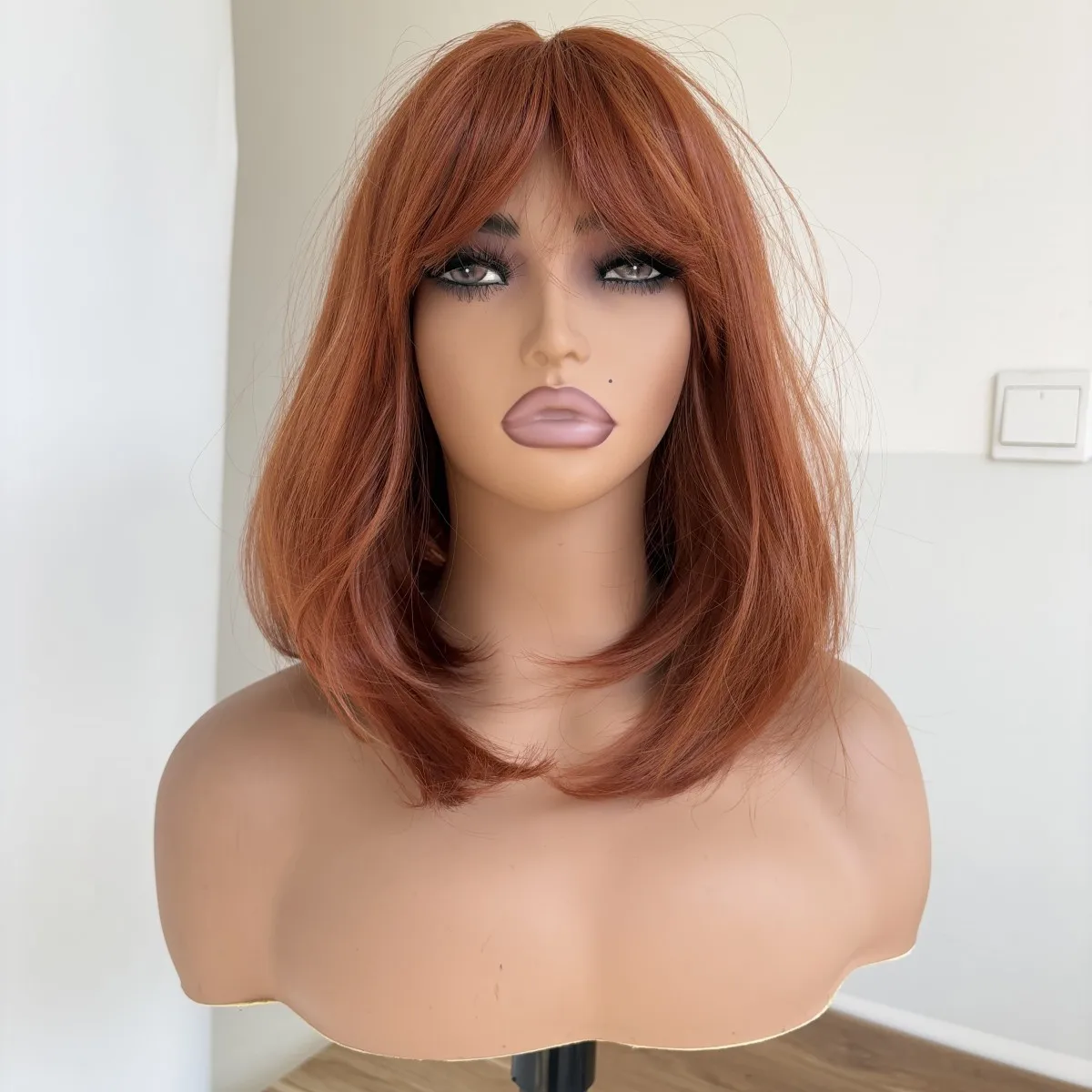 

Costume Wigs With Bangs Copper Red Soft Synthetic Hair Bob Straight