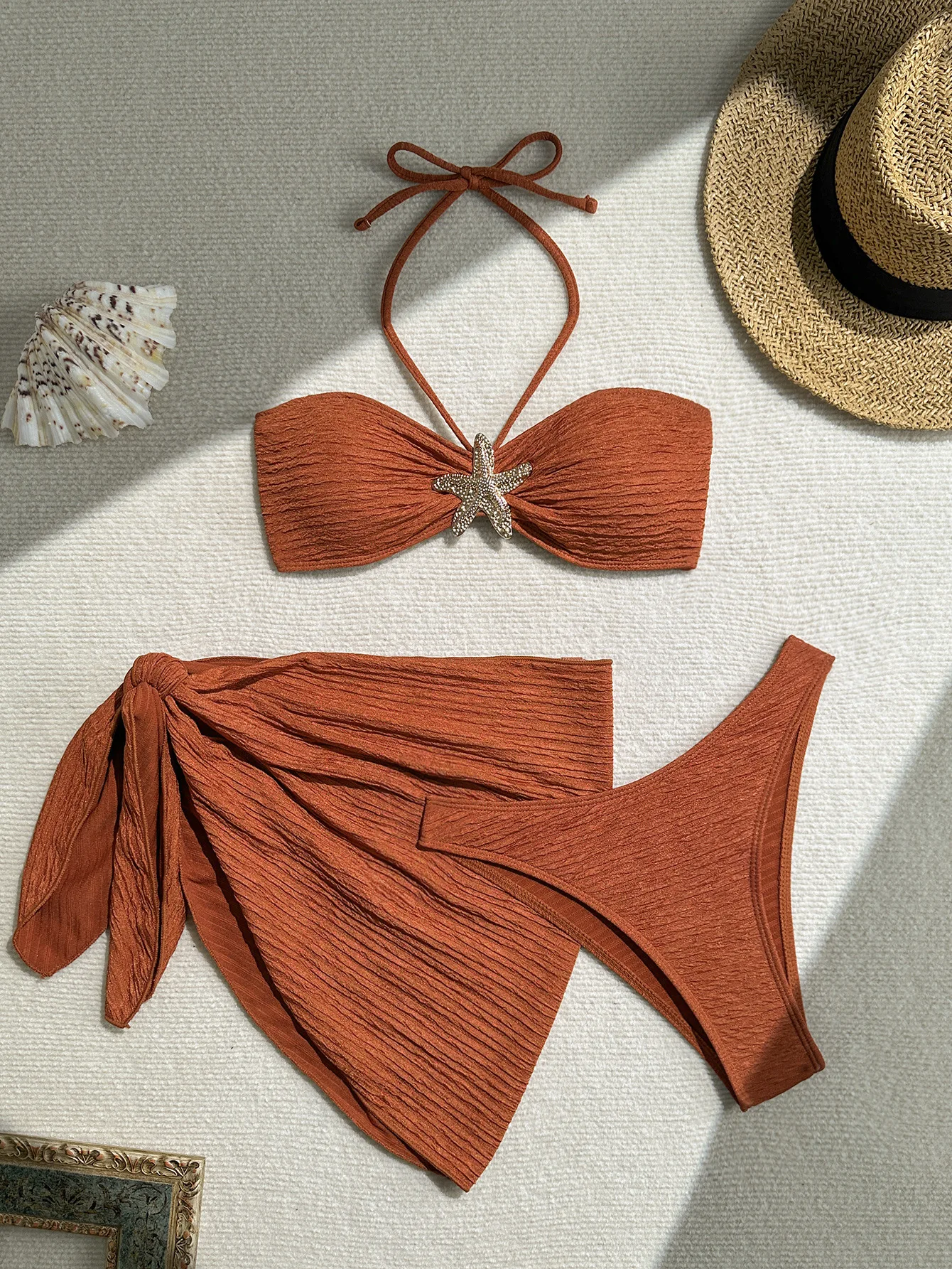 섹시한 비키니와 커버업 여성용 홀터 푸쉬업 3피스 세트 수영복 여름 비치웨어 커버업  thong 수영복 비키니 브라운