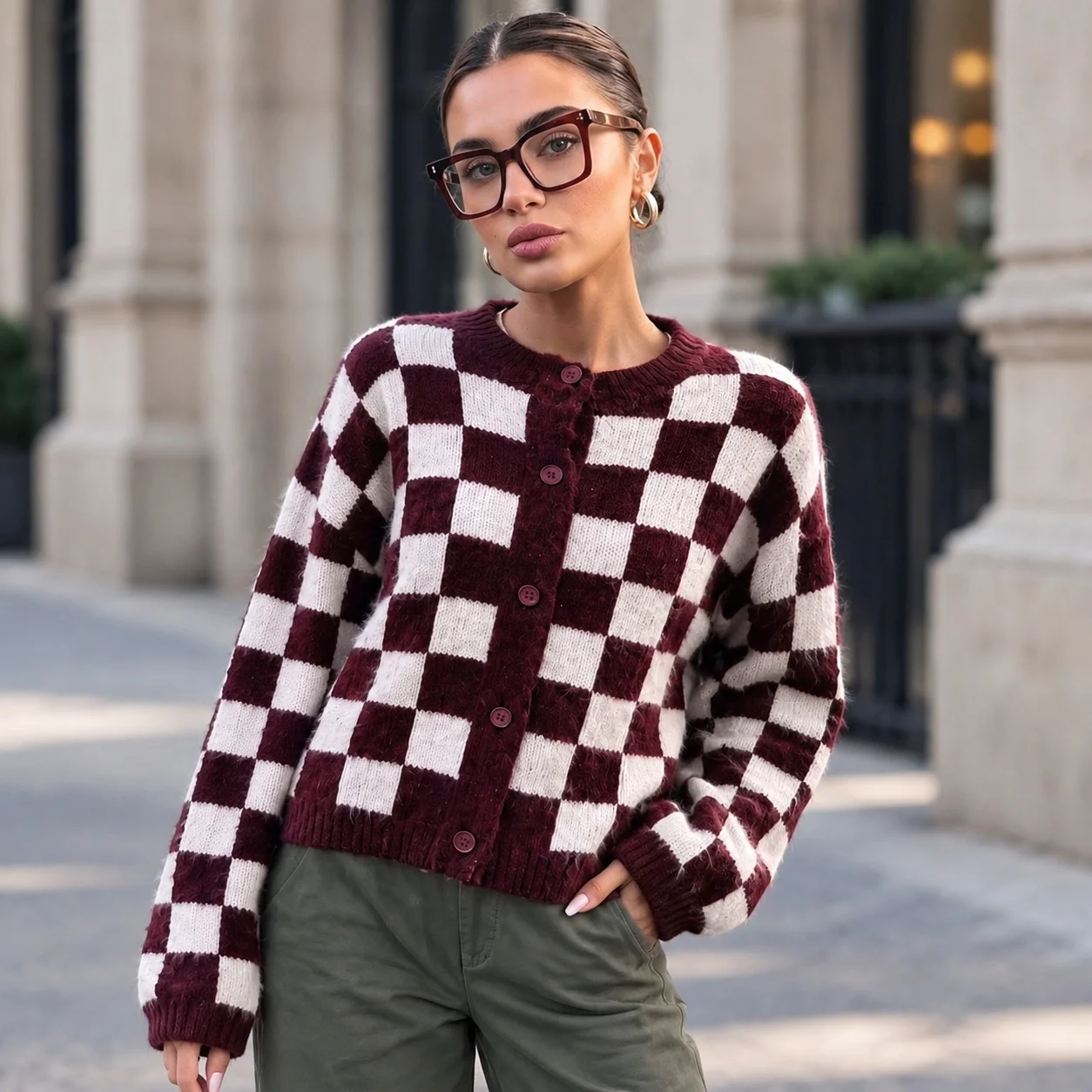 Single Breasted Round Neck Top Regular Length Sweet Fresh with Checkered Pattern Button Front Fresh Style Women Long Sleeve Top