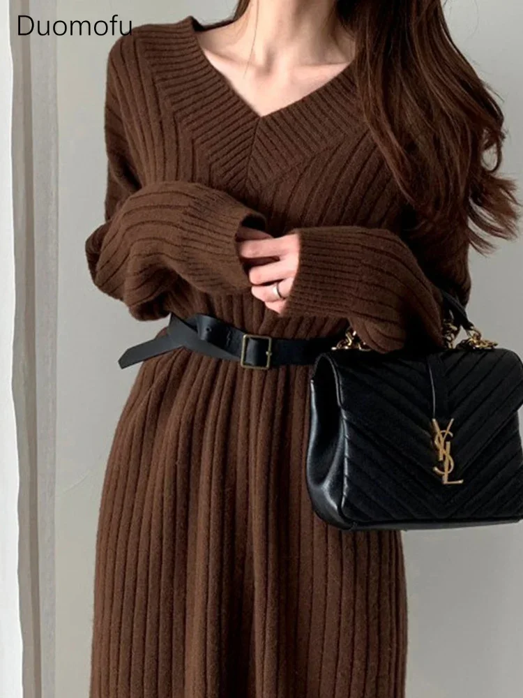 

Duomofu White Knitted Dress Women Korean Fashion Casual Loose Sweater Dress Female Winter Elegant Long Sleeve Slim Long Dresses