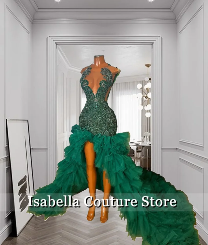 

Sparkly Emerald Green Mermaid Prom Dress Beading Diamonds Crystal Senior Birthday Party Gown 2024 Ruffles Tiered Robe Customized