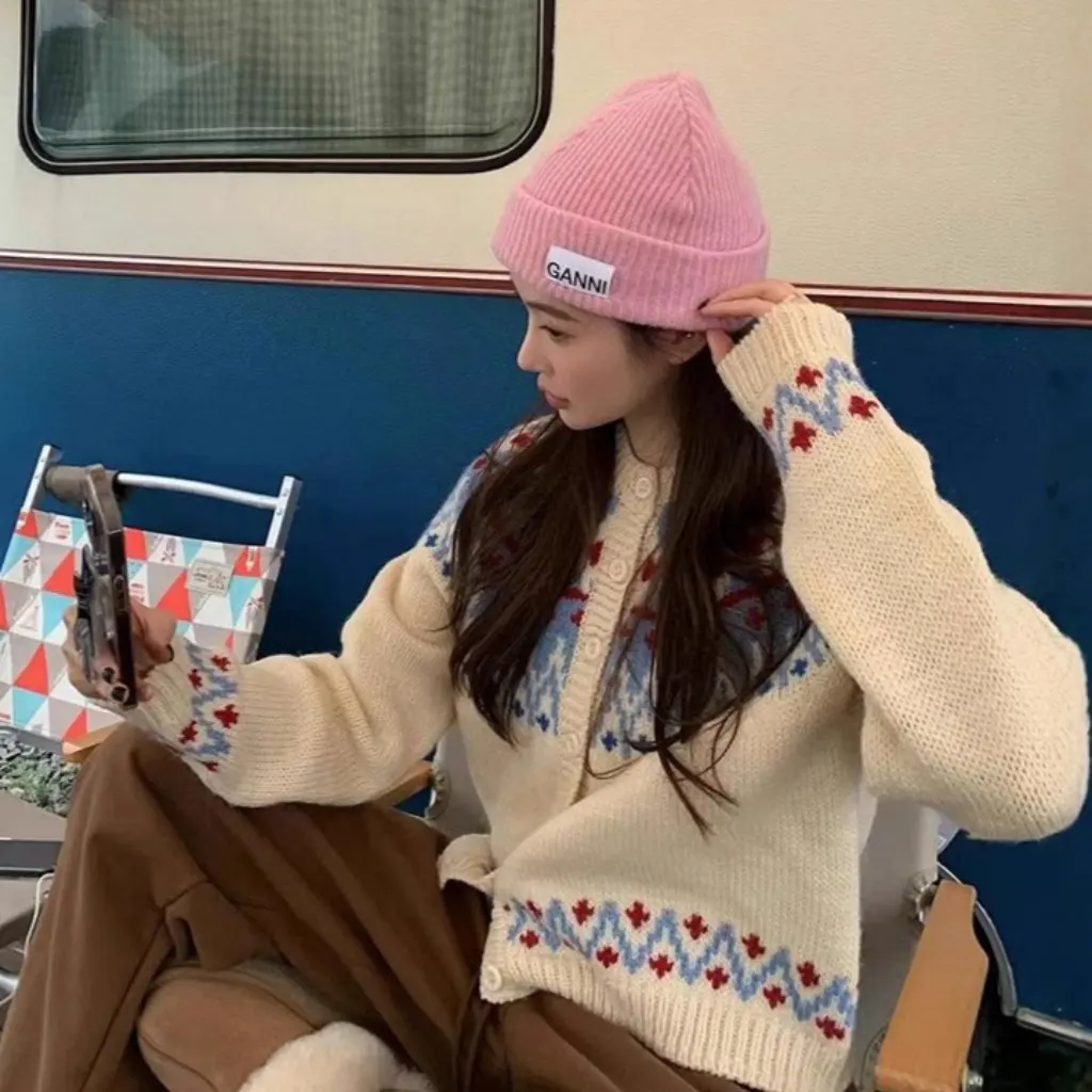 

Loveyousomu жаккардовый вязаный свитер, кардиган в корейском стиле, элитная весенняя верхняя одежда, женский модный топ